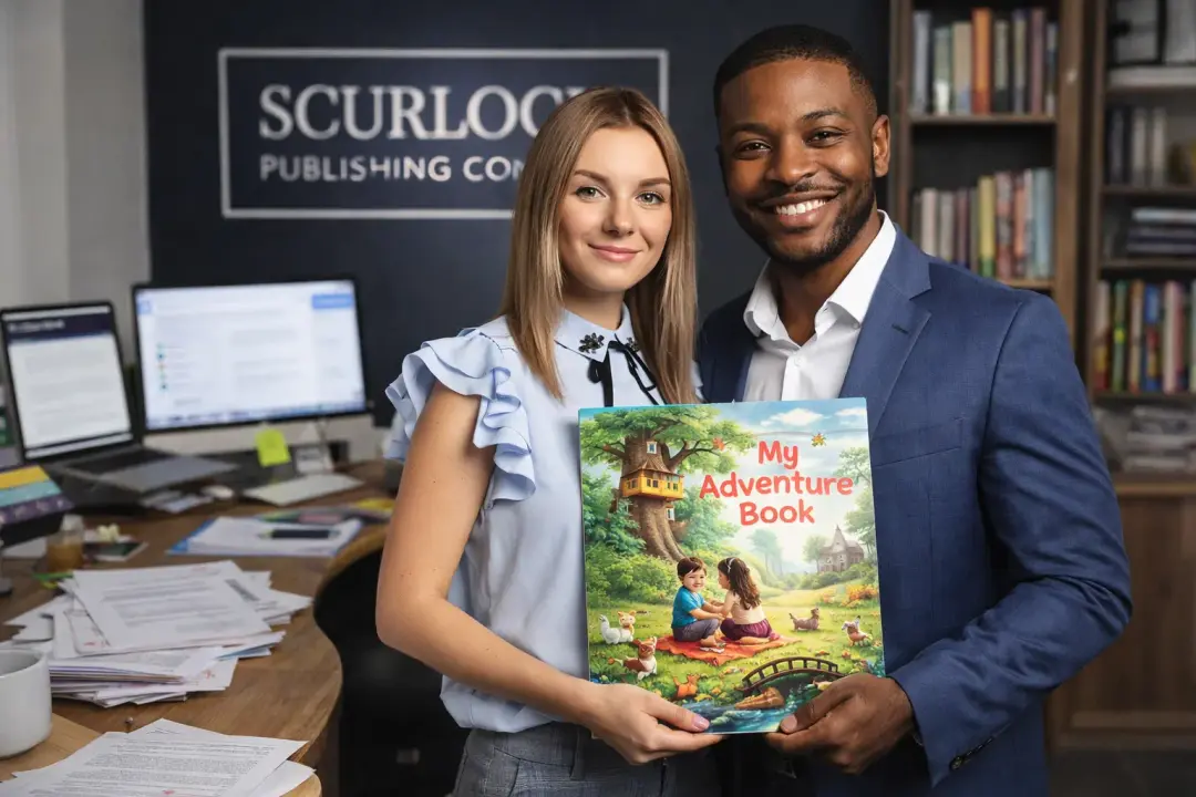 Scurlock Publishing Company team members holding a children's book in the office