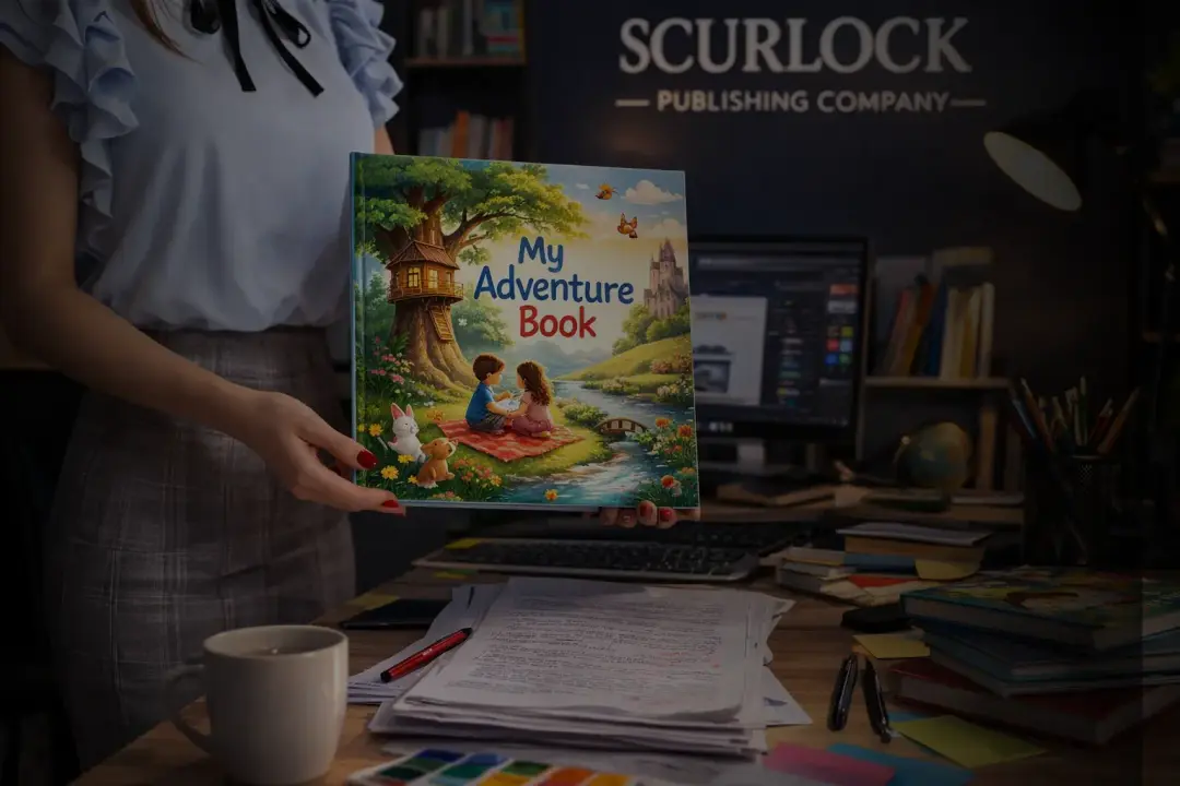 Person holding an open children's book in a creative office setting