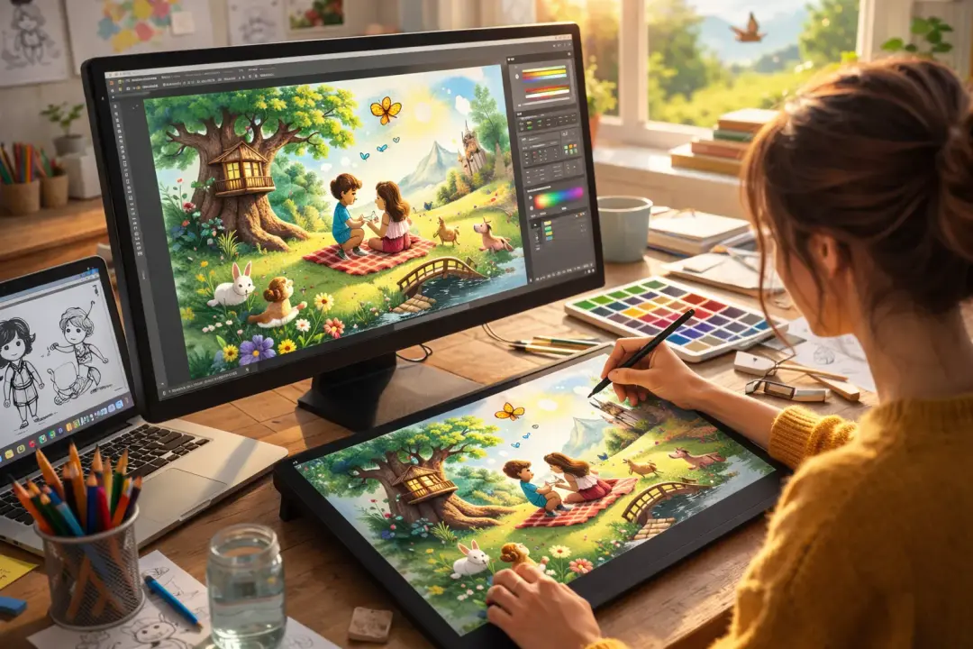 Illustrator at work creating a children's book scene on a drawing tablet and monitor